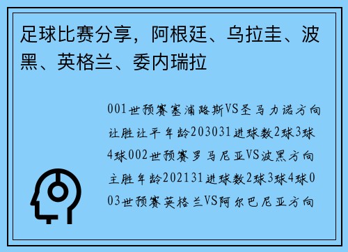 足球比赛分享，阿根廷、乌拉圭、波黑、英格兰、委内瑞拉